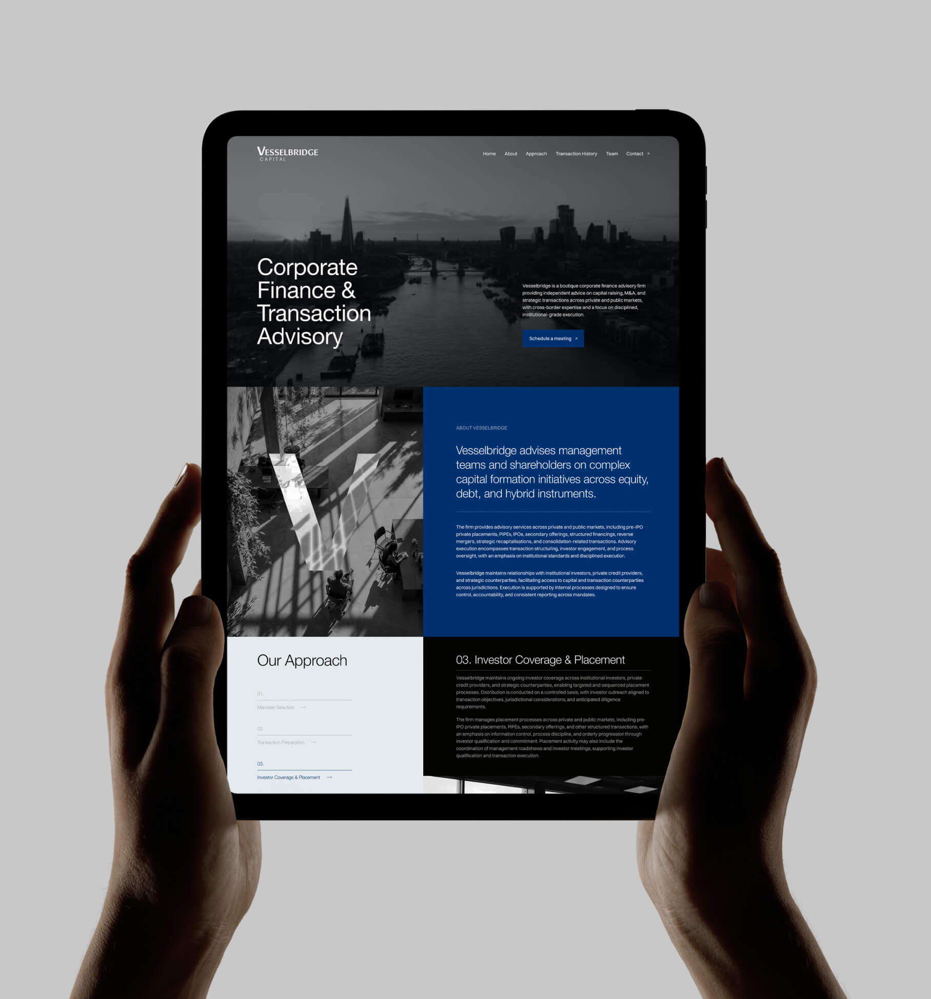 Vesselbridge Capital — corporate finance & transaction advisory website on tablet